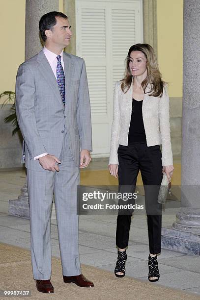 Prince Felipe of Spain and Princess Letizia of Spain receive members of the 'Principe de Girona' foundation, at El Pardo Palace on May 19, 2010 in...