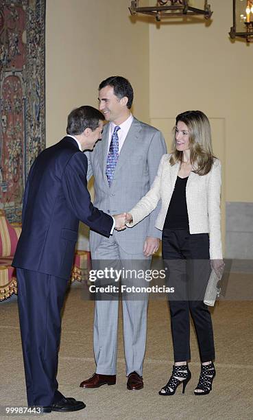 Prince Felipe of Spain and Princess Letizia of Spain receive members of the 'Principe de Girona' foundation, at El Pardo Palace on May 19, 2010 in...