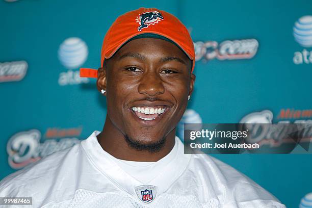 Brandon Marshall of the Miami Dolphins talks to the media after the organized team activities on May 19, 2010 at the Miami Dolphins training facility...