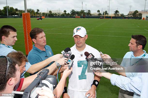 Chad Henne of the Miami Dolphins talks ot the media next to the practice field after the organized team activities on May 19, 2010 at the Miami...