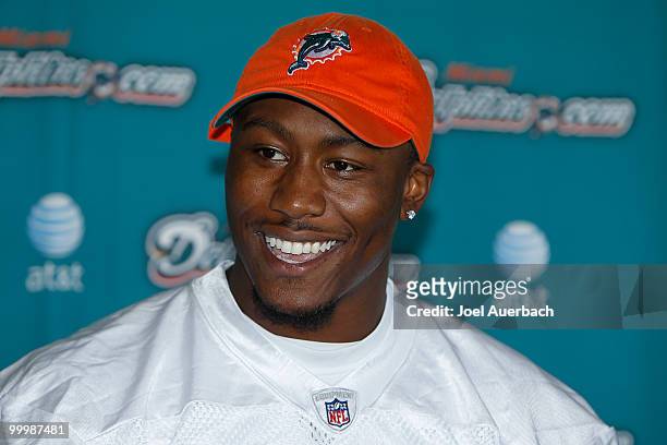 Brandon Marshall of the Miami Dolphins talks to the media after the organized team activities on May 19, 2010 at the Miami Dolphins training facility...