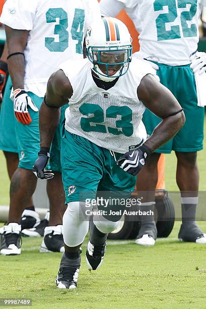 Ronnie Brown of the Miami Dolphins runs during the organized team activities on May 19, 2010 at the Miami Dolphins training facility in Davie,...