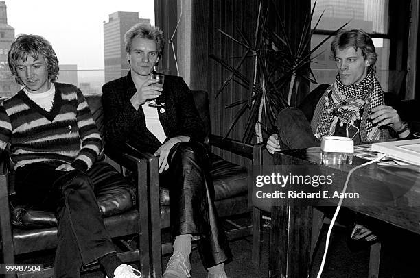 The Police posed in the offices of A&M Records in New York City on April 04 1979 L-R Andy Summers, Sting, Stewart Copeland