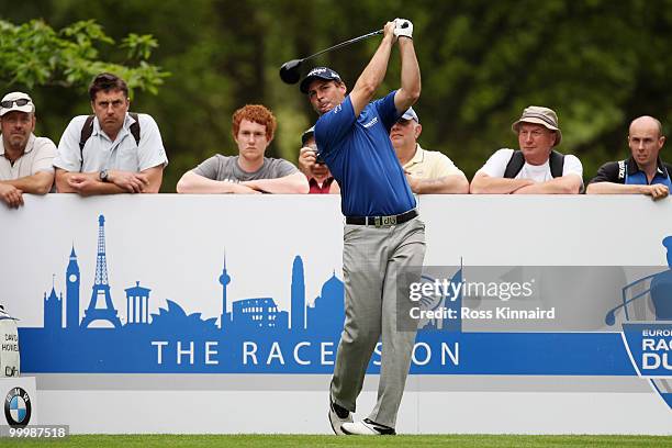 David Howell of England plays a tee shot during the Pro-Am round prior to the BMW PGA Championship on the West Course at Wentworth on May 19, 2010 in...