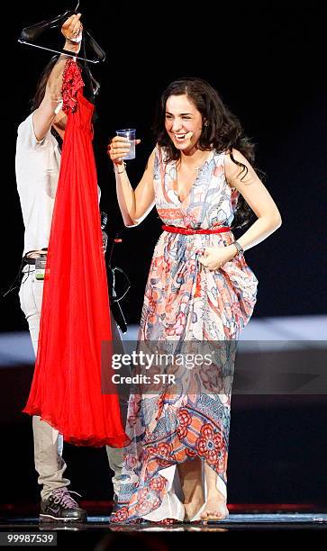 Sofia Nizharadze from Georgia bursts into laughter after she sang "Shine" during the rehearsals before the Eurovision Song Contest at Telenor Arena...