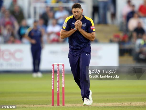 Tim Bresnan of Yorkshire takes a catch during the Vitality Blast match between Durham Jets and Yorkshire Vikings at the Emirates Riverside on July...