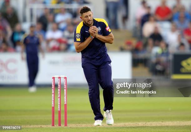 Tim Bresnan of Yorkshire takes a catch during the Vitality Blast match between Durham Jets and Yorkshire Vikings at the Emirates Riverside on July...