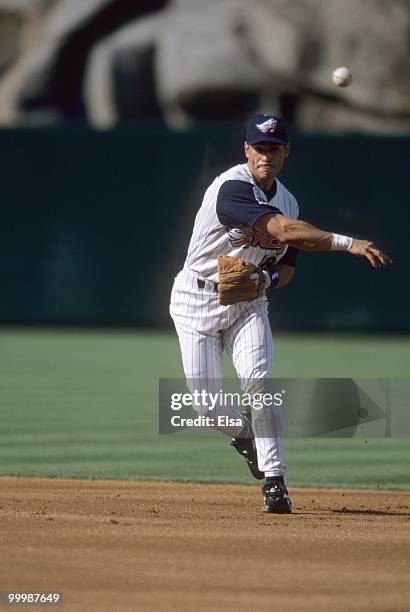 Randy Velarde of the Anaheim Angels throws during the game against the San Diego Padres at Edison International Field on July 18, 1999 in Anaheim,...