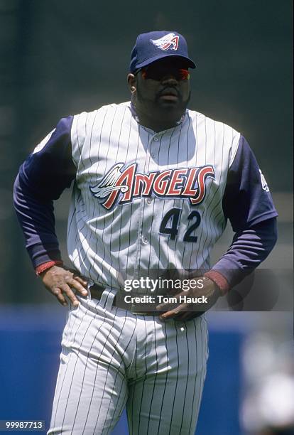 Mo Vaughn of the Anaheim Angels looks on during the game against the Los Angeles Dodgers at Dodger Stadium on June 5, 1999 in Los Angeles, California.