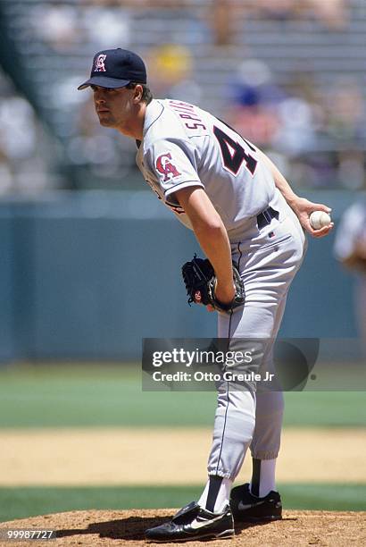 Russ Springer of the California Angels pitches during the game against the Oakland Athletics at Oakland-Alameda County Coliseum on June 30, 1993 in...