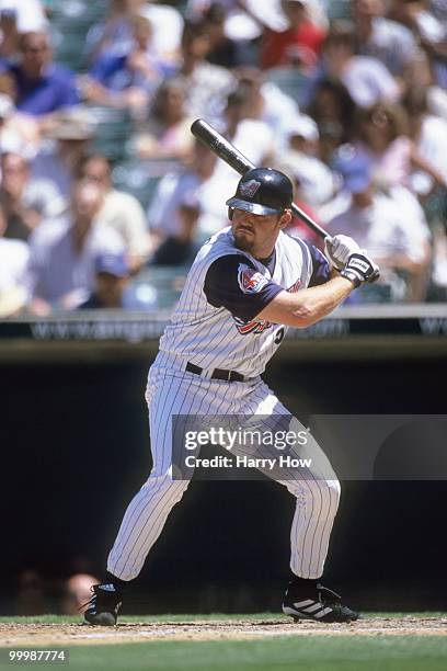 Scott Spiezio of the Anaheim Angels bats during the game against the Los Angeles Dodgers at Edison International Field on June 3, 2000 in Anaheim,...