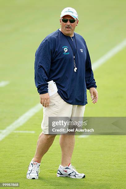 Head coach Tony Sparano of the Miami Dolphins looks on during the organized team activities on May 19, 2010 at the Miami Dolphins training facility...