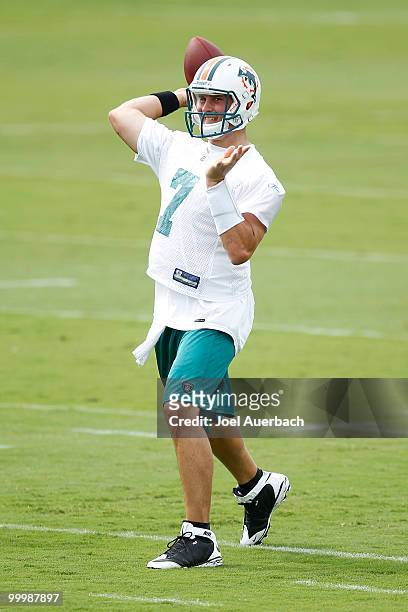 Chad Henne of the Miami Dolphins throws the ball during the organized team activities on May 19, 2010 at the Miami Dolphins training facility in...