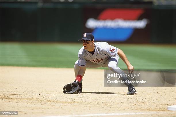 Snow of the California Angels plays first base during the game against the Oakland Athletics at Oakland-Alameda County Coliseum on July 2, 1995 in...