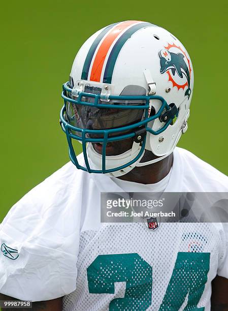 Ricky Williams of the Miami Dolphins takes a short break during the organized team activities on May 19, 2010 at the Miami Dolphins training facility...