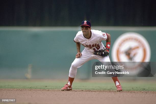 Luis Sojo of the California Angels plays second base during a game against the Oakland Athletics in the 1991 season at Anaheim Stadium in Anaheim,...