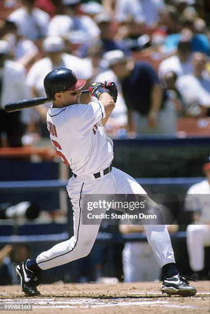 Snow of the California Angels bats during the game against the Chicago White Sox at Anaheim Stadium on June 19, 1996 in Anaheim, California.