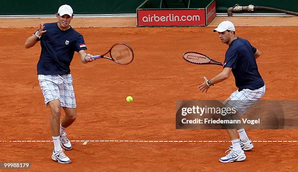 Bob Bryan and Mike Bryan of USA in action during their match against Daniel Gimeno-Traver and Marc Lopez of Spain during day four of the ARAG World...