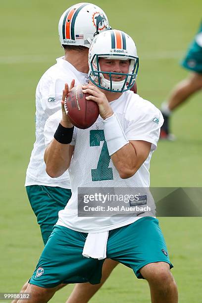 Chad Henne of the Miami Dolphins prepares to throw the ball during the organized team activities on May 19, 2010 at the Miami Dolphins training...
