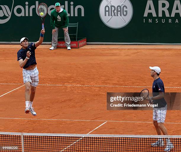 Bob Bryan and Mike Bryan of USA in action during their match against Daniel Gimeno-Traver and Marc Lopez of Spain during day four of the ARAG World...