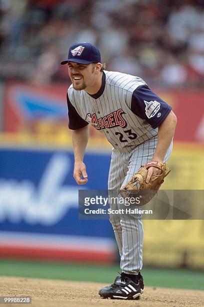 Scott Spiezio of the Anaheim Angels plays first base during the game against the Texas Rangers at The Ballpark in Arlington on April 3, 2001 in...