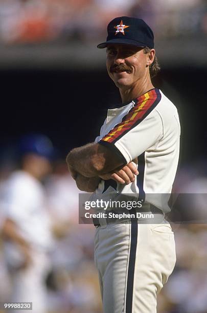 Coach Phil Garner of the Houston Astros looks on during the game against the Los Angeles Dodgers at Dodger Stadium on September 19, 1991 in Los...