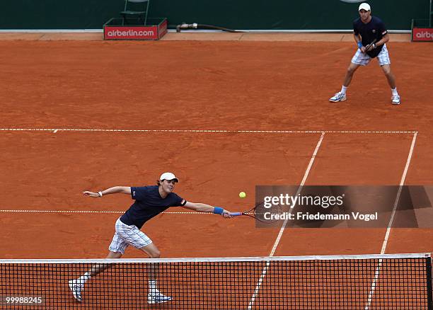 Bob Bryan and Mike Bryan of USA in action during their match against Daniel Gimeno-Traver and Marc Lopez of Spain during day four of the ARAG World...