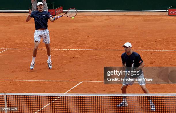 Bob Bryan and Mike Bryan of USA in akcion during their match against Daniel Gimeno-Traver and Marc Lopez of Spain during day four of the ARAG World...