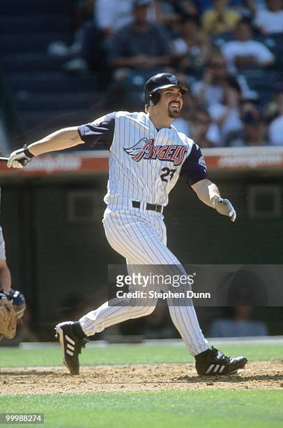 Scott Spiezio of the Anaheim Angels runs to first during the game against the Detroit Tigers at Edison International Field on May 6, 2001 in Anaheim,...