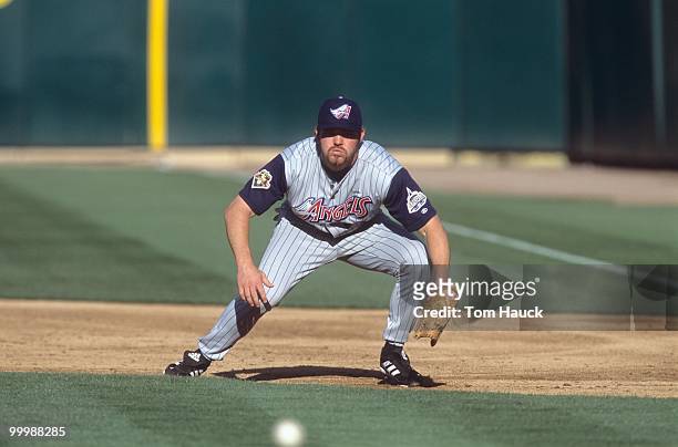 Scott Spiezio of the Anaheim Angels plays first base during the game against the Oakland Athletics at Network Associates Coliseum on July 3, 2001 in...