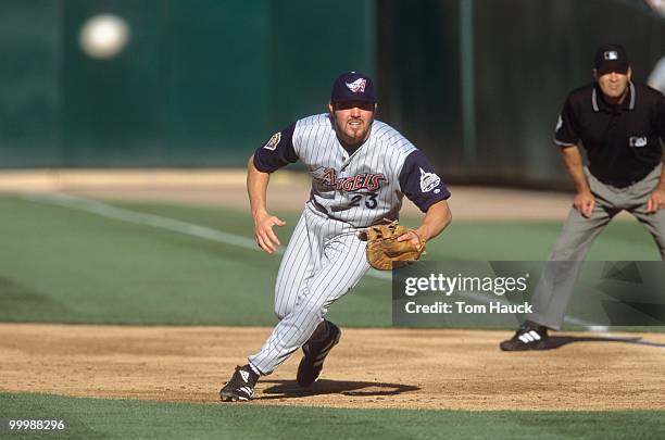 Scott Spiezio of the Anaheim Angels plays first base during the game against the Oakland Athletics at Network Associates Coliseum on July 3, 2001 in...