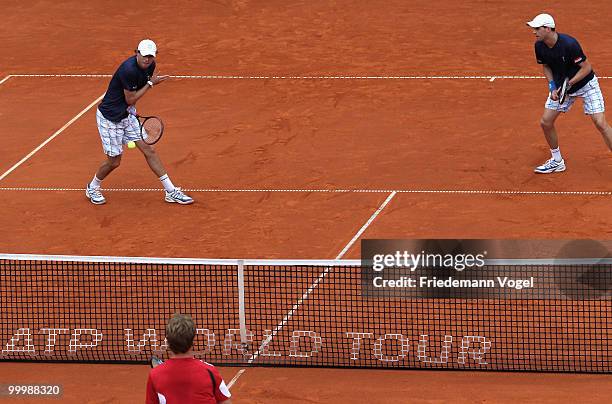 Bob Bryan and Mike Bryan of USA in action during their match against Daniel Gimeno-Traver and Marc Lopez of Spain during day four of the ARAG World...