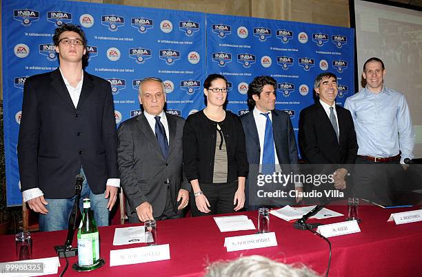 New York guard Danilo Gallinari, Marco Bogarelli president of Infront Italy, NBA Europe managing director Sophie Goldschmidt, Alan Rizzi from Milan's...