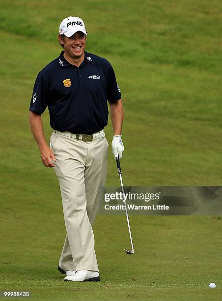 Lee Westwood of England smiles during the Pro-Am round prior to the BMW PGA Championship on the West Course at Wentworth on May 19, 2010 in Virginia...