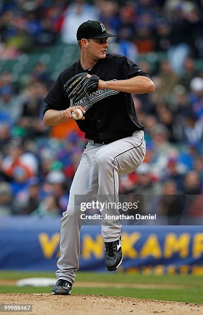 Starting pitcher Chris Volstad of the Florida Marlins delivers the ball against the Chicago Cubs at Wrigley Field on May 12, 2010 in Chicago,...