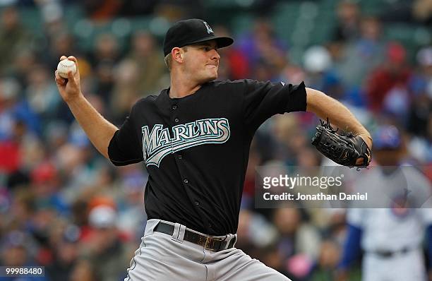 Starting pitcher Chris Volstad of the Florida Marlins delivers the ball against the Chicago Cubs at Wrigley Field on May 12, 2010 in Chicago,...