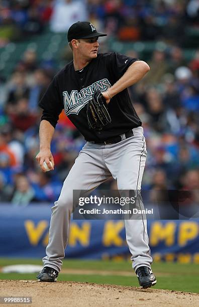 Starting pitcher Chris Volstad of the Florida Marlins delivers the ball against the Chicago Cubs at Wrigley Field on May 12, 2010 in Chicago,...