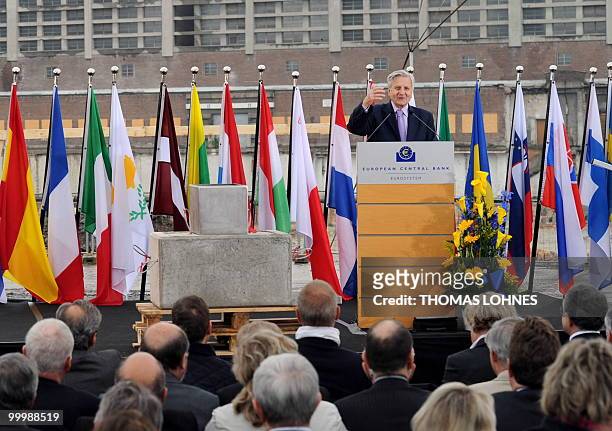 European Central Bank President Jean-Claude Trichet addresses people attending the laying of the corner-stone of the new European Central Bank to be...