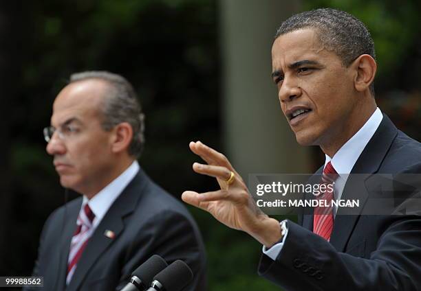 President Barack Obama speaks during a joint press conference with Mexico�s President Felipe Calderón May 19, 2010 in the Rose Garden of the White...