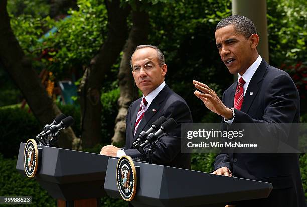 President Barack Obama and Mexican President Felipe Calderon hold a joint press conference in the Rose Garden of the White House during an official...