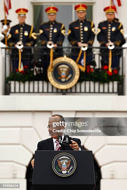 Mexican President Felipe Calderon make remarks during a welcome ceremony for his state visit to the White House May 19, 2010 in Washington, DC....