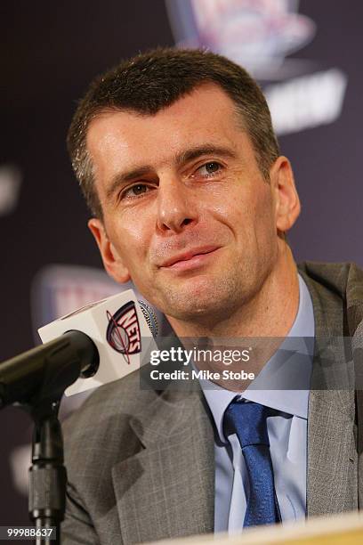 New Jersey Nets owner Mikhail Prokhorov addresses the media during a press conference at the Four Seasons Hotel on May 19, 2010 in New York City.