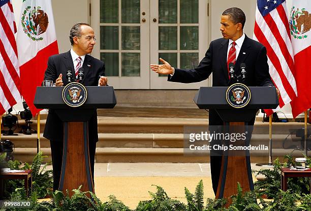 President Barack Obama and Mexican President Felipe Calderon hold a joint press conference in the Rose Garden at the White House May 19, 2010 in...