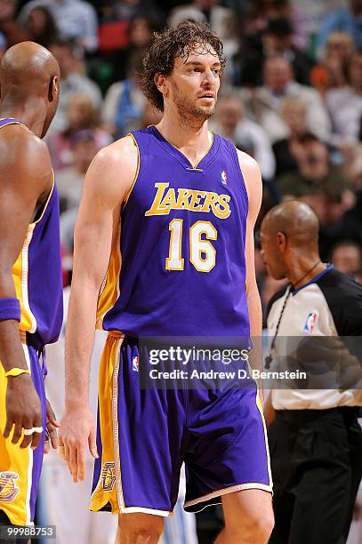 Pau Gasol of the Los Angeles Lakers looks on during the game against the Utah Jazz in Game Four of the Western Conference Semifinals during the 2010...