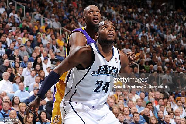 Paul Millsap of the Utah Jazz blocks out against Lamar Odom of the Los Angeles Lakers in Game Four of the Western Conference Semifinals during the...
