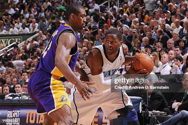 Miles of the Utah Jazz posts up against Ron Artest of the Los Angeles Lakers in Game Four of the Western Conference Semifinals during the 2010 NBA...