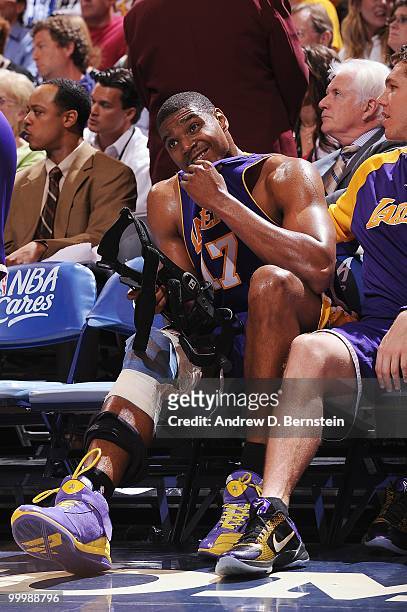 Andrew Bynum of the Los Angeles Lakers sits on the bench during the game against the Utah Jazz in Game Four of the Western Conference Semifinals...