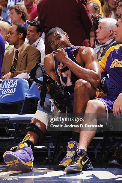 Andrew Bynum of the Los Angeles Lakers sits on the bench during the game against the Utah Jazz in Game Four of the Western Conference Semifinals...