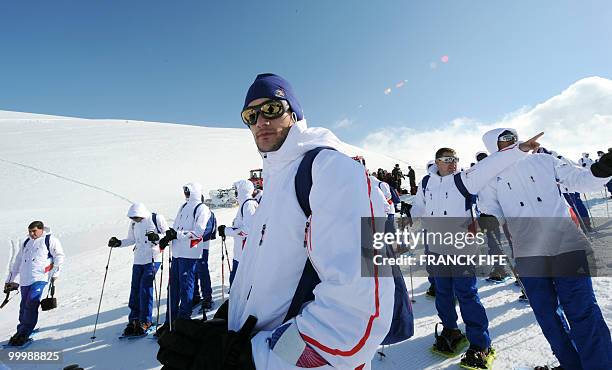 French football goakeeper Hugo Lloris poses at the top of the Tignes glacier on May 19, 2010 in the French Alps. The French national team should...