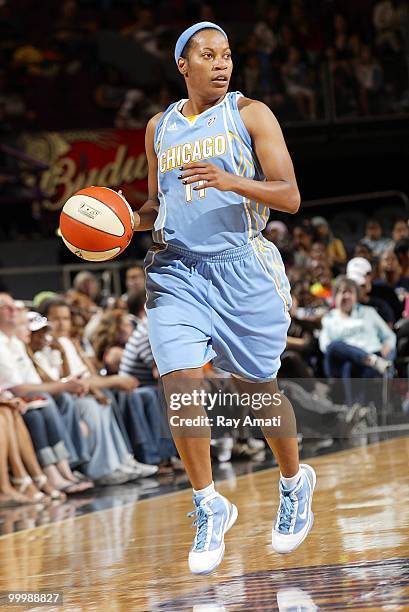 Jia Perkins of the Chicago Sky dribbles against the New York Liberty during the WNBA game on May 16, 2010 at Madison Square Garden in New York City....